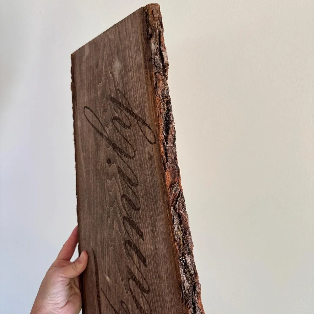 Handmade Live Edge Wood Burned Family Sign Rustic Wall Decor Plaque Cabin Core